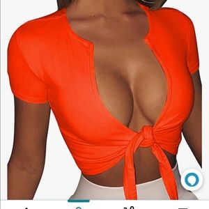 Women's Sexy Tie Up Crop Top Short Sleeve Deep V Neck Casual Basic T Shirt